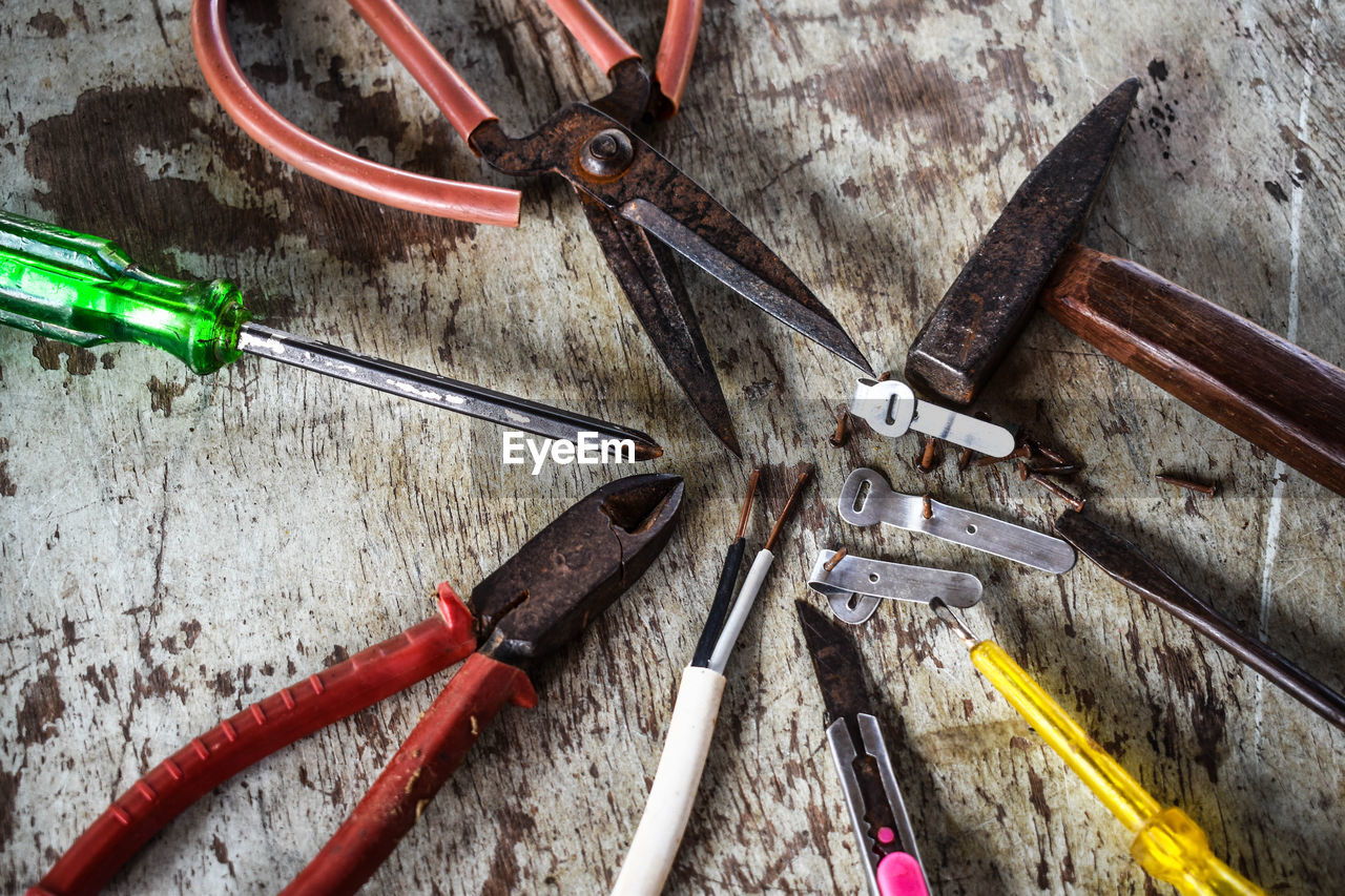 High angle view of work tools on table