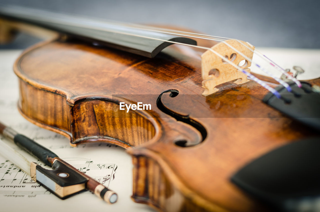 Close-up of violin on musical note