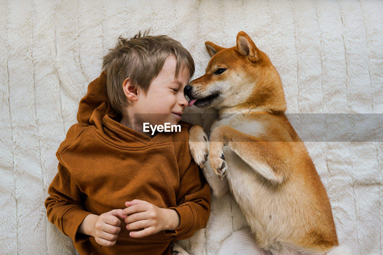 View from above on cute boy and his domestic ginger dog are lying on a bed waiting for christmas