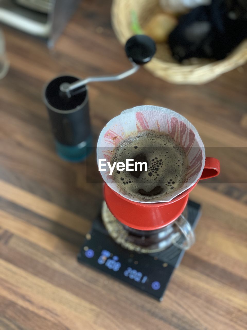 High angle view of coffee on table
