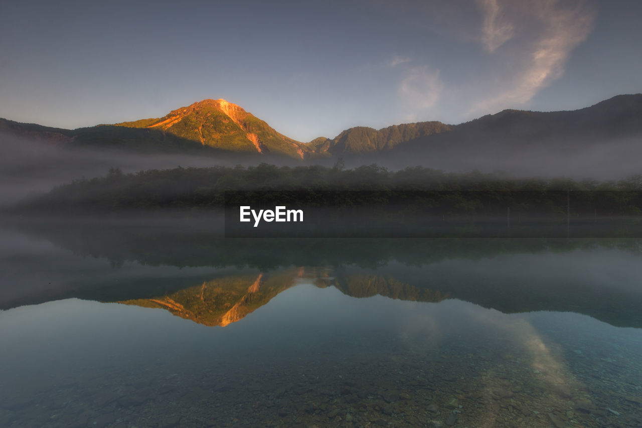 Scenic view of lake against sky during sunset