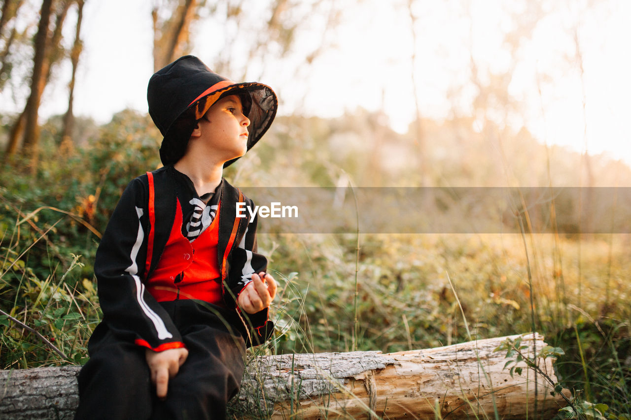 Boy wearing costume during halloween sitting on wood at forest