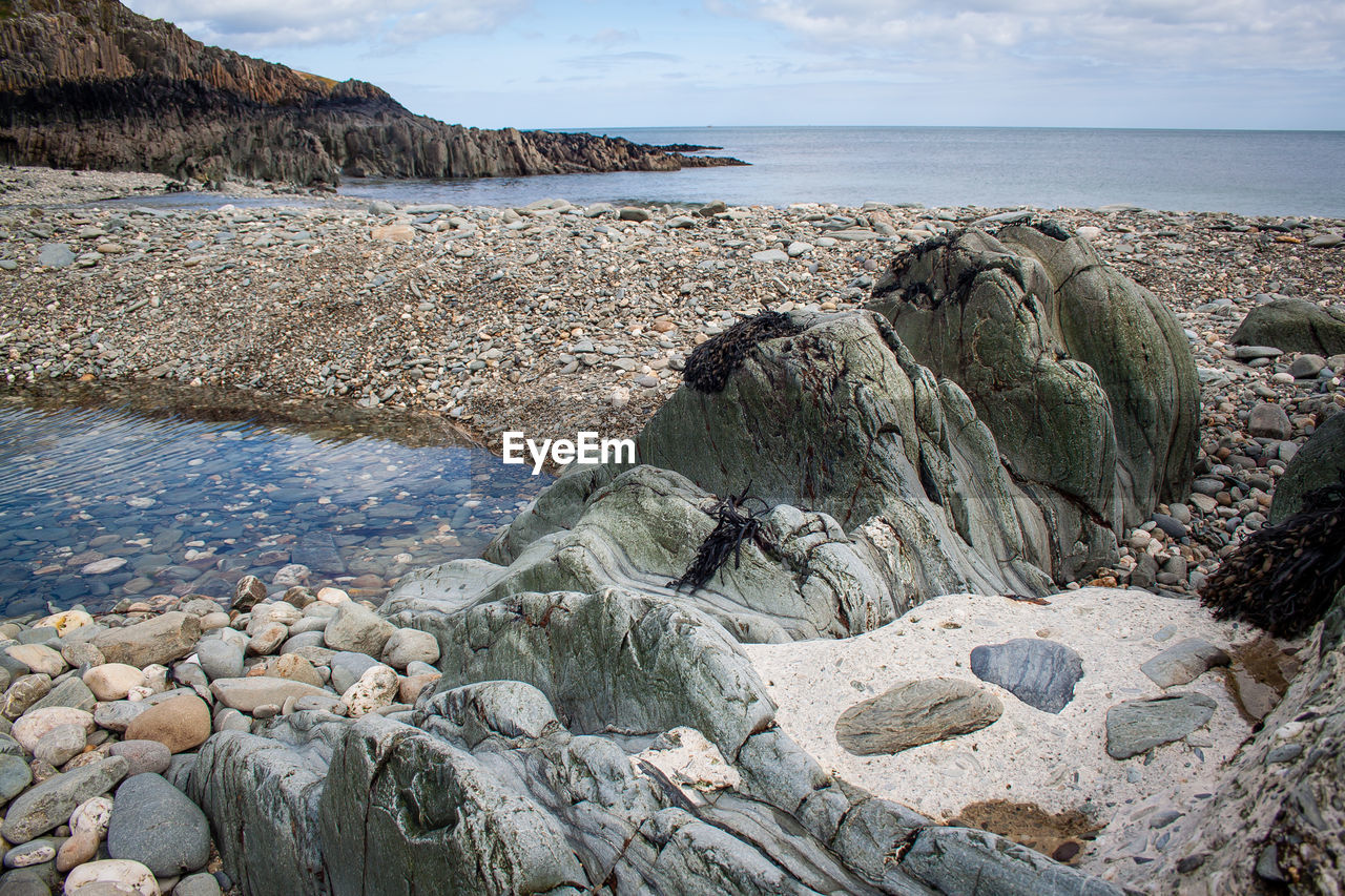 Scenic view of rocks on beach against sky