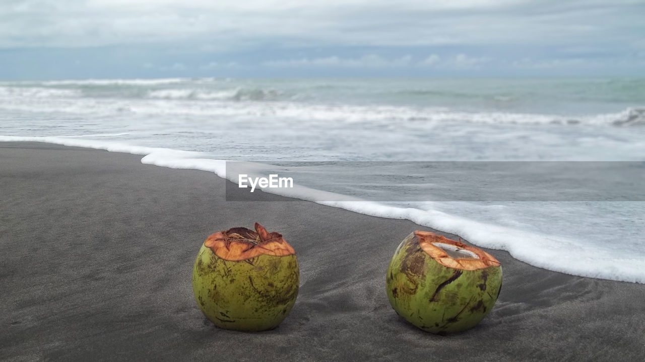 CLOSE-UP OF FRUIT ON BEACH