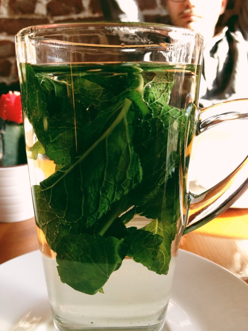 Extreme close up of drink with mint leaves