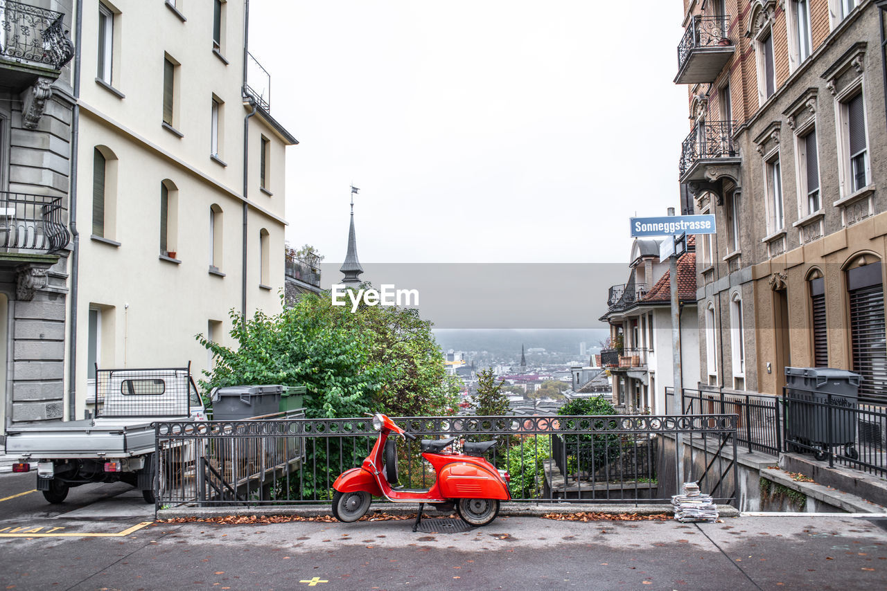 A view of a street in zurich with red bike