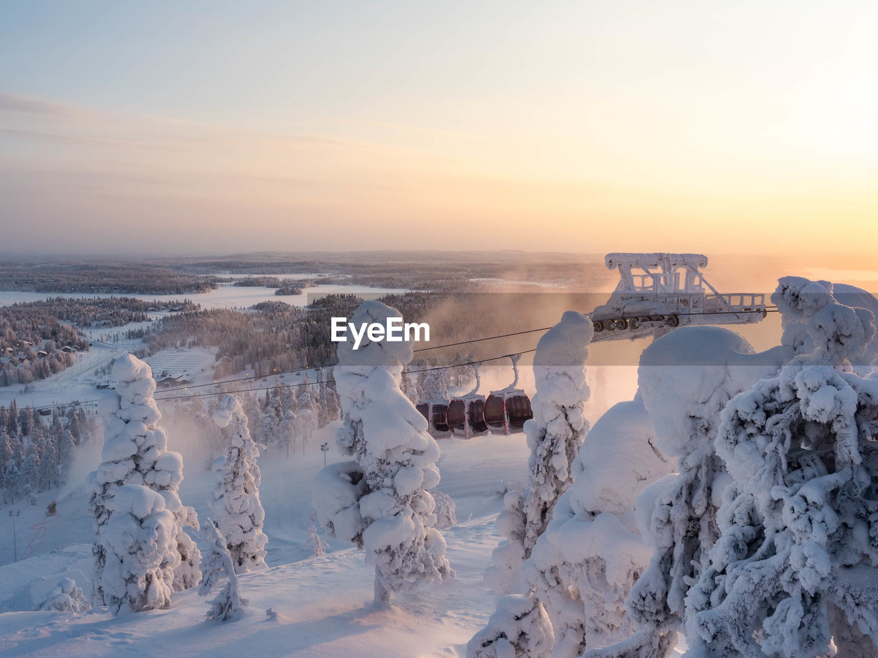 View of ruka ski resort during sunrise in kuusamo, finland