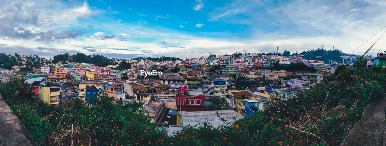 High angle view of townscape against sky