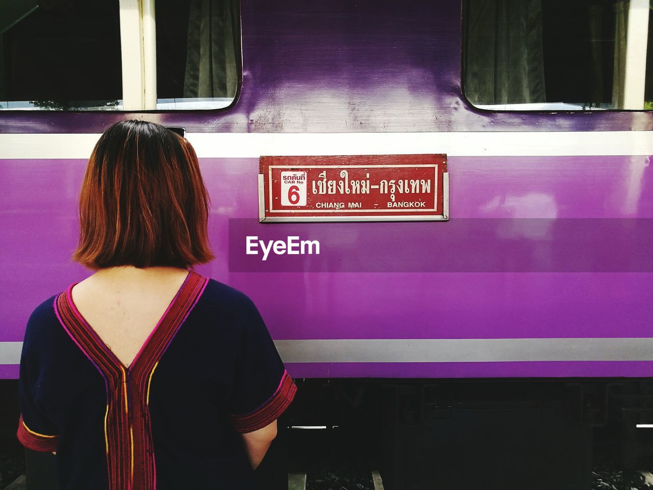 Rear view of woman standing by purple train