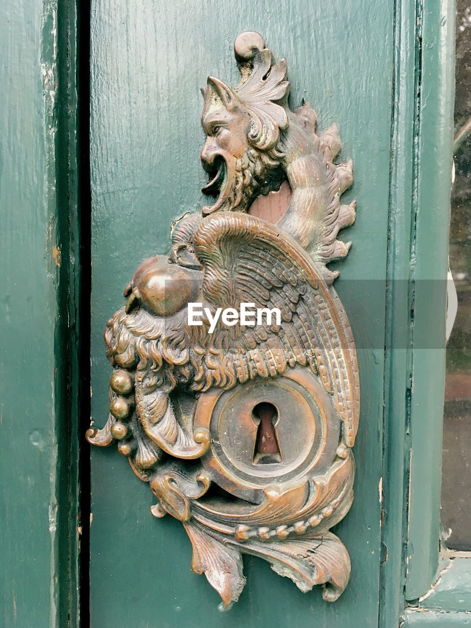 CLOSE-UP OF DOOR KNOCKER ON METAL