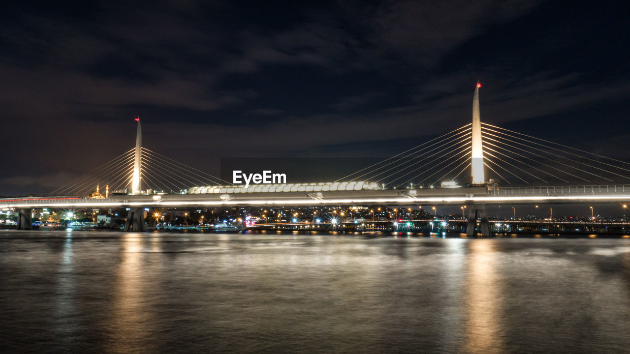 ILLUMINATED BRIDGE OVER RIVER AT NIGHT