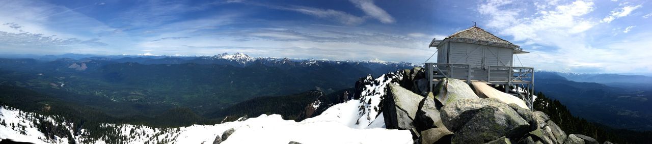 Panoramic shot of house on rocky mountain against sky