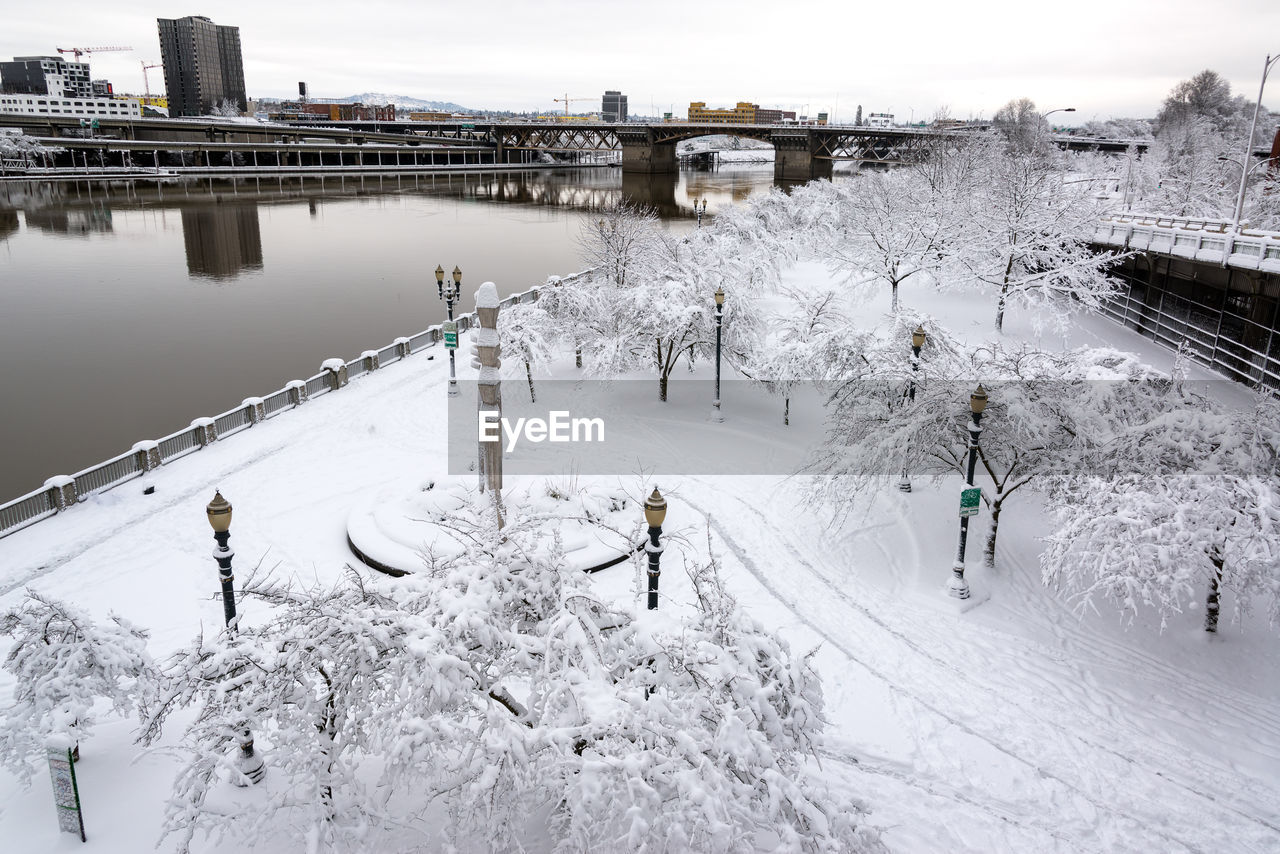 High angle view of snow covered park by willamette river