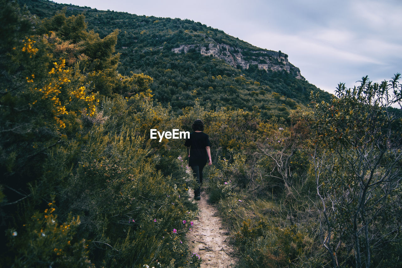 A girl hiker behind her back walking on a mountain path in nature