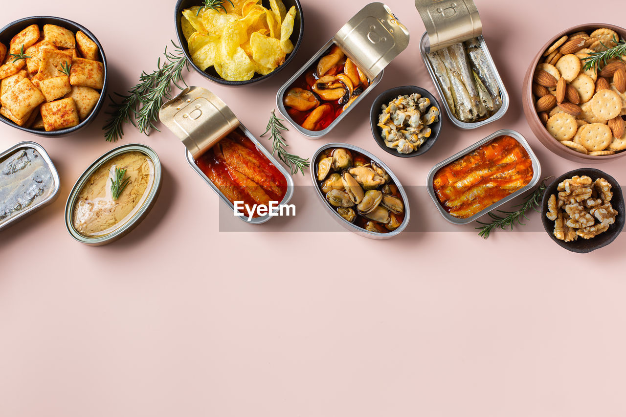 high angle view of food on pink background