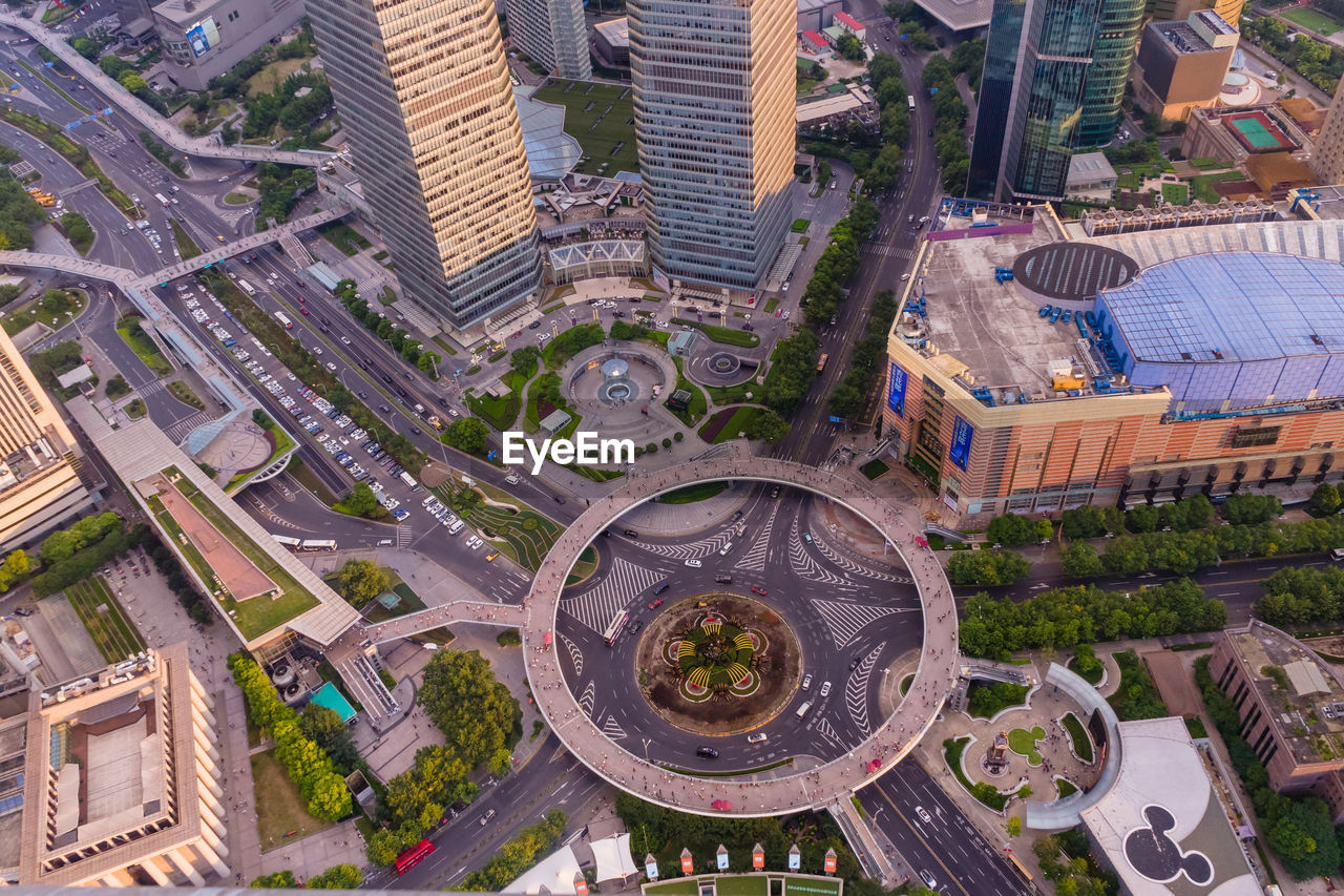 HIGH ANGLE VIEW OF BUILDINGS AND STREET