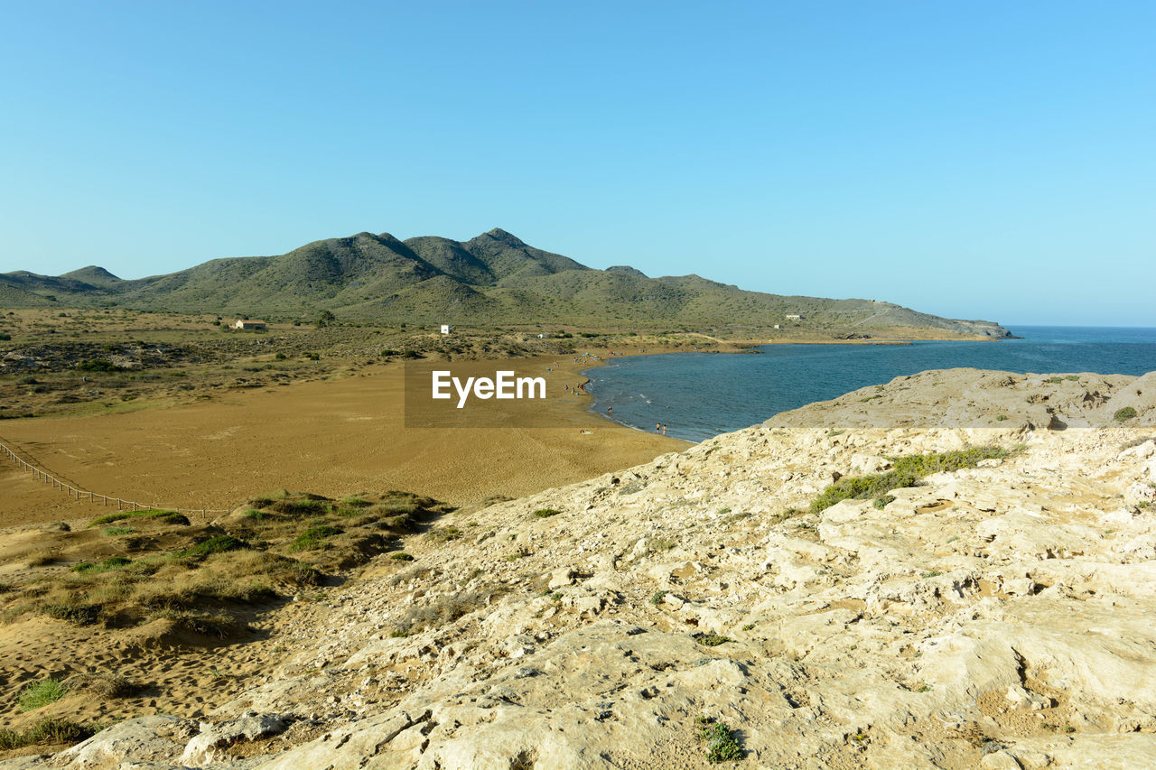 Scenic view of beach against clear blue sky