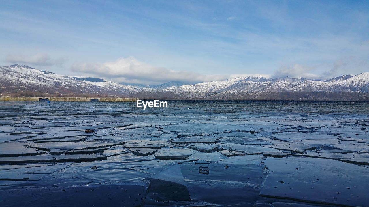 Scenic view of lake and snowcapped mountains against sky