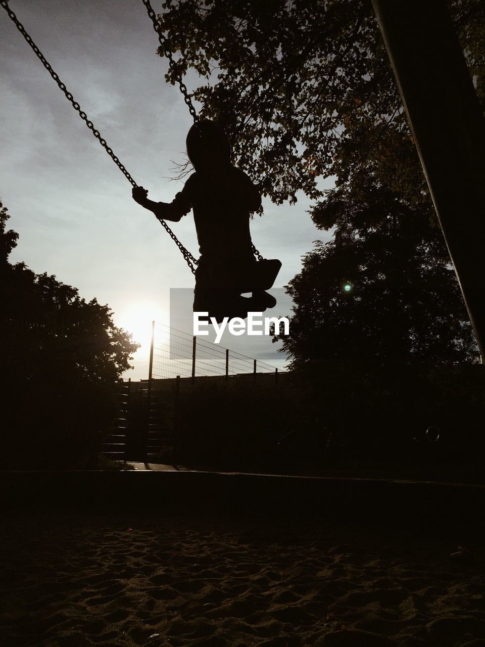 Silhouette boy on swing against trees and sky