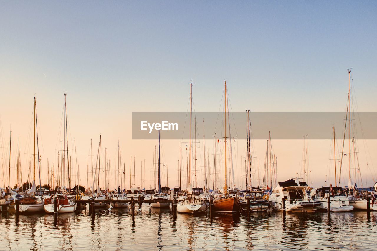 Sailboats moored in harbor at sunset