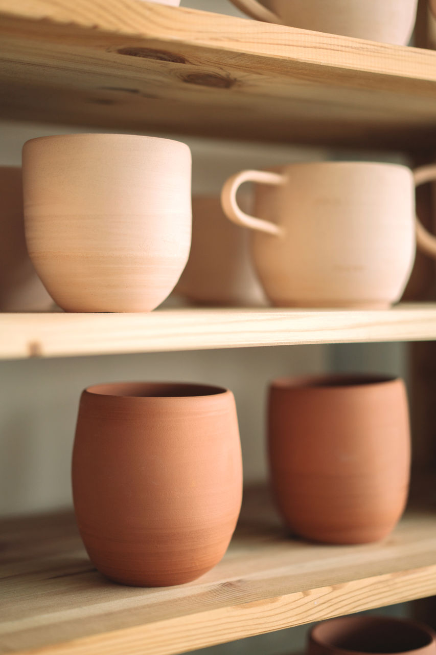 Handmade clay pottery on the display