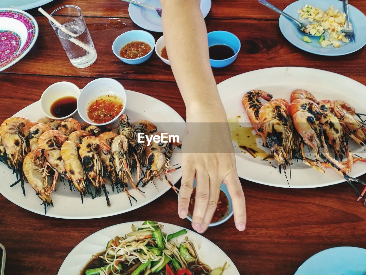 High angle view of food served on table