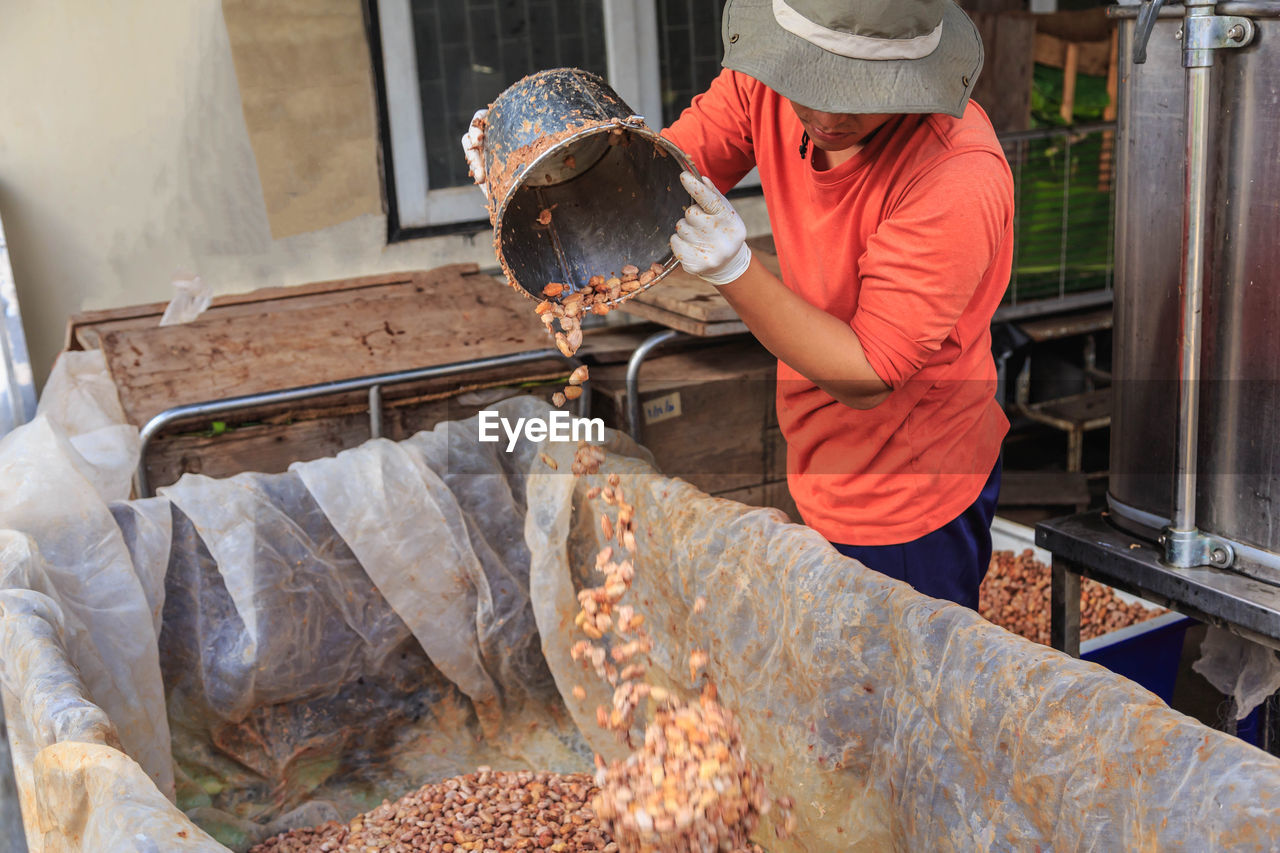 Midsection of man pouting cocoa seeds in container