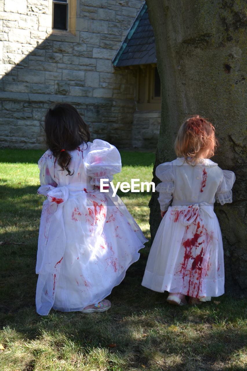 Rear view of girls wearing halloween costume standing on field