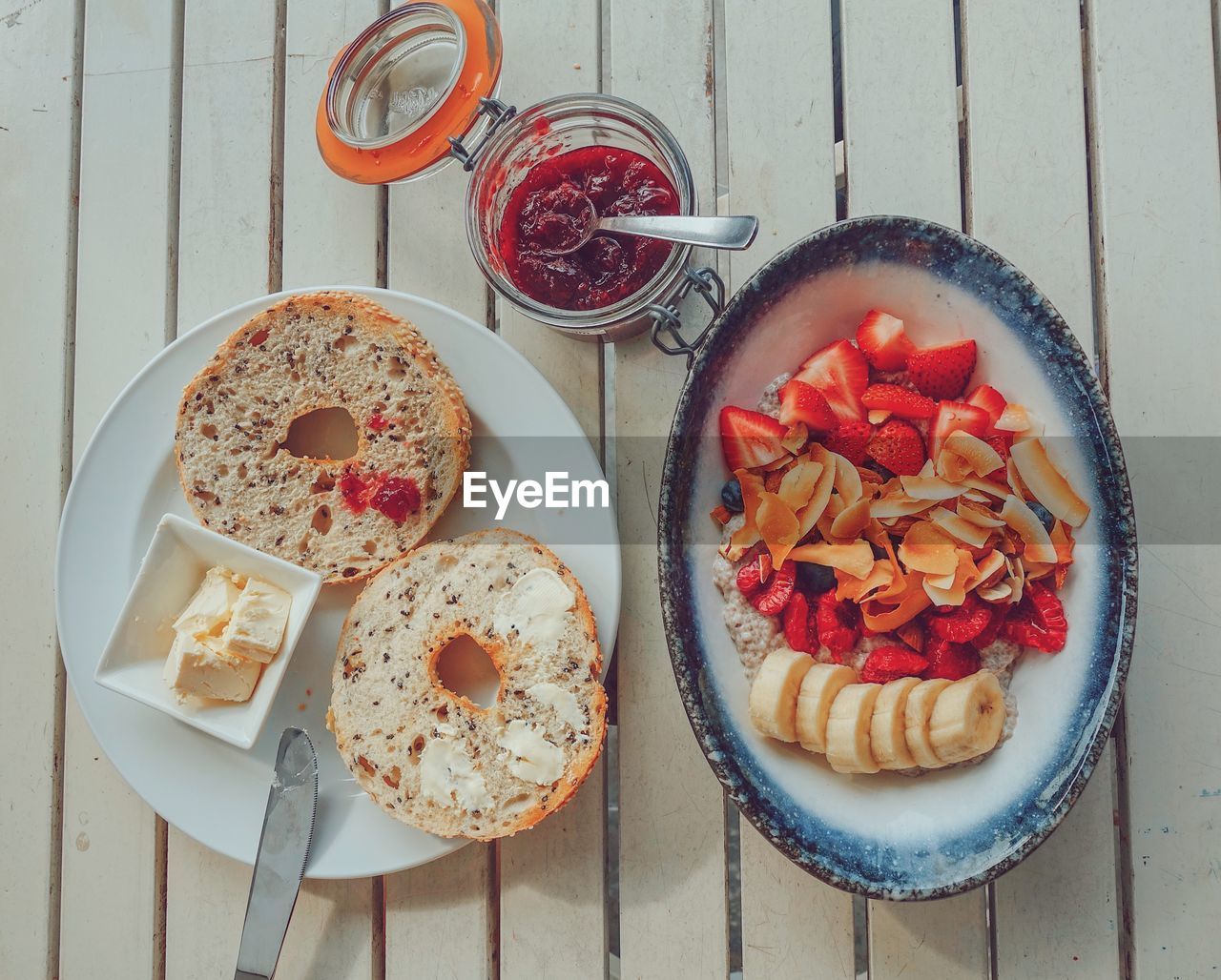 High angle view of breakfast served on table