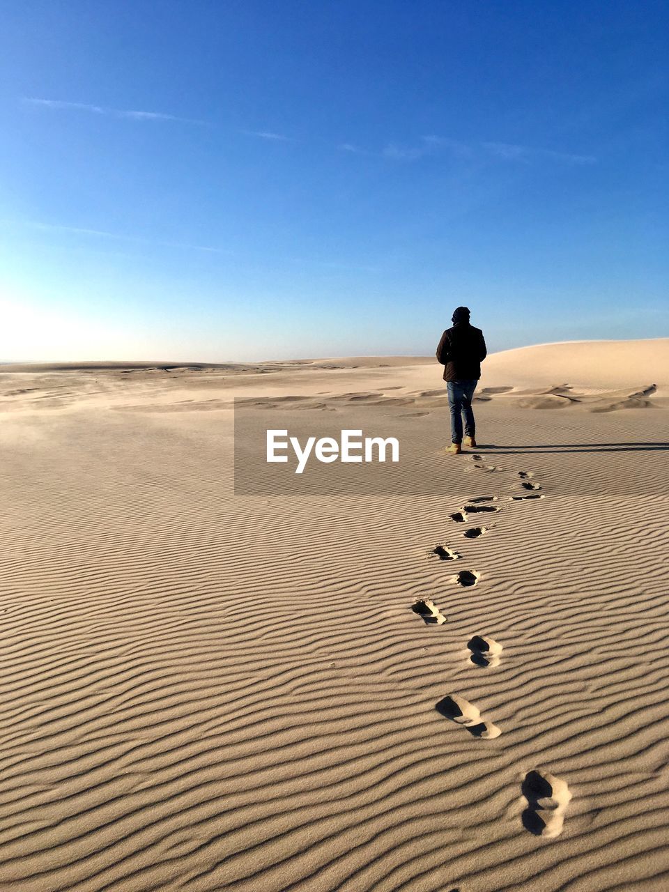 Full length rear view of person walking on sand in desert against sky