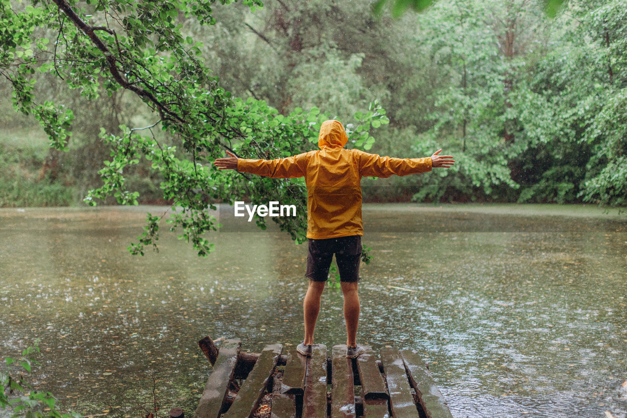 REAR VIEW OF BOY STANDING IN A FOREST