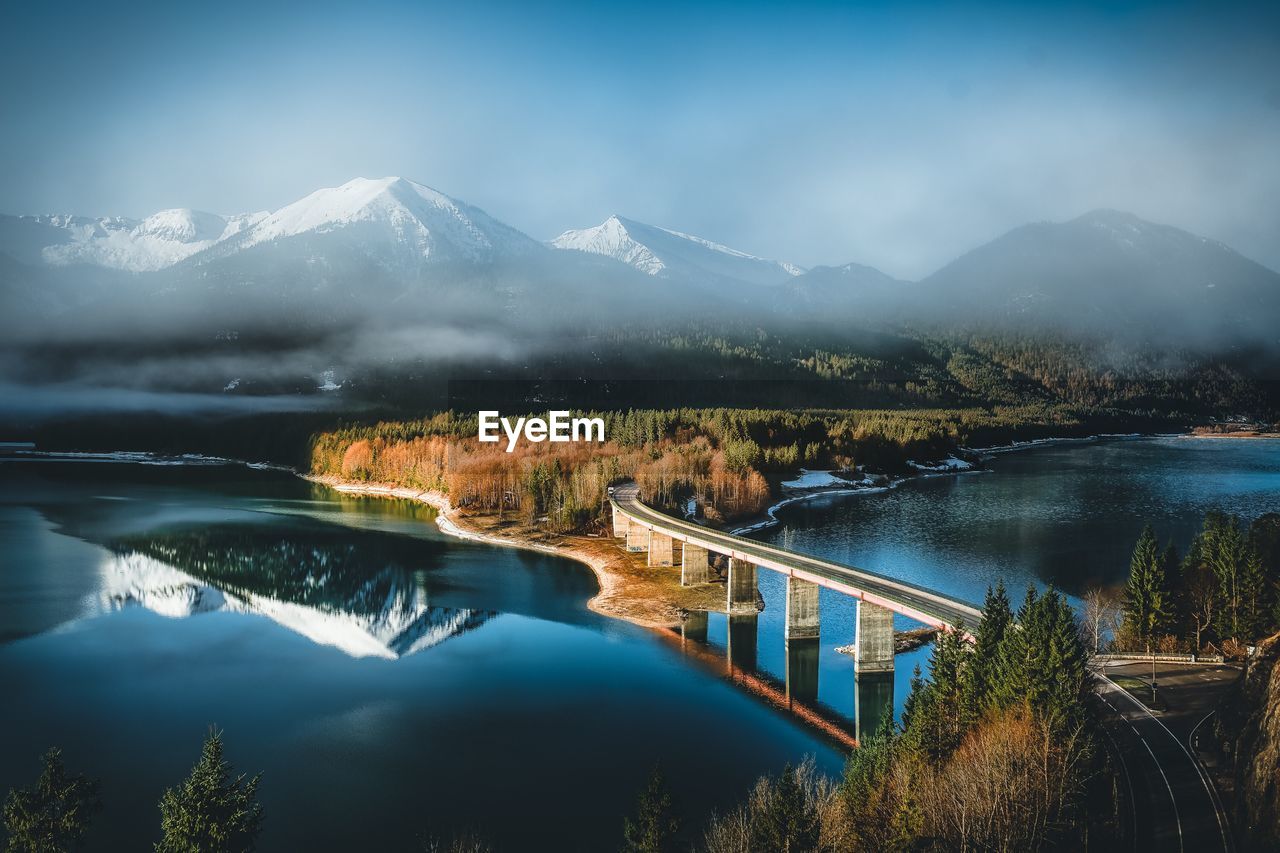 Scenic view of lake and mountains against sky