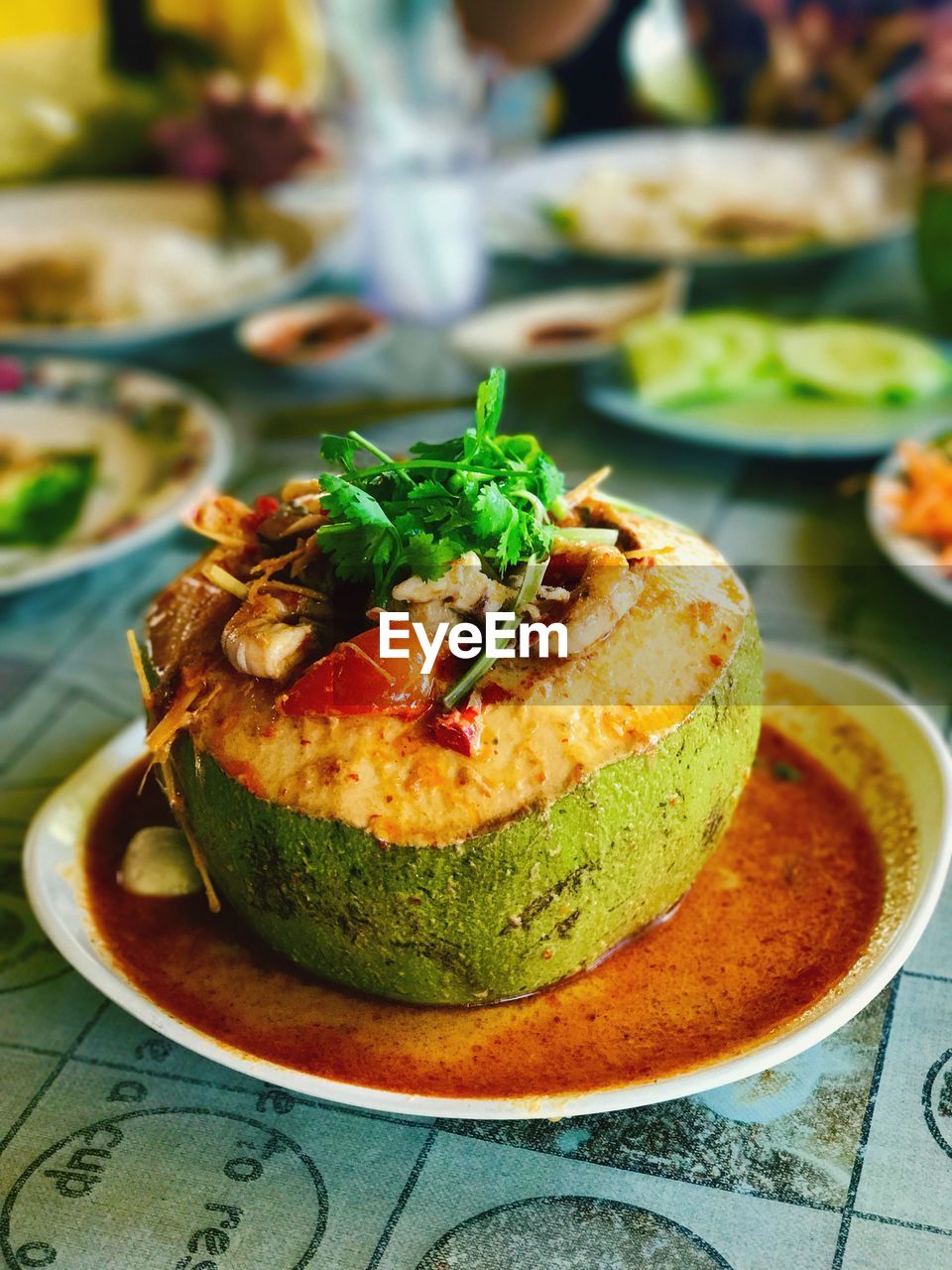 Close-up of stuffed coconut in plate