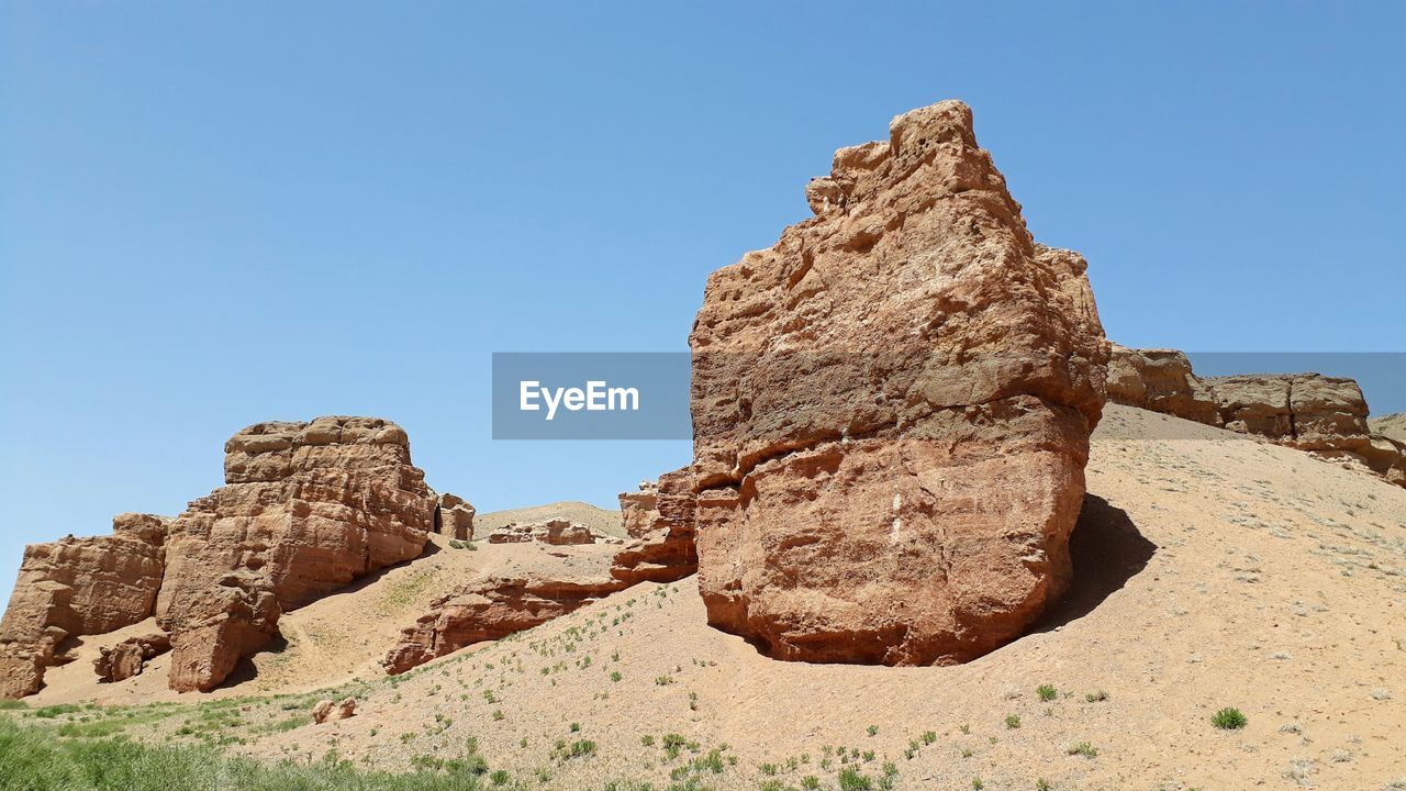 LOW ANGLE VIEW OF ROCK FORMATION AGAINST CLEAR SKY