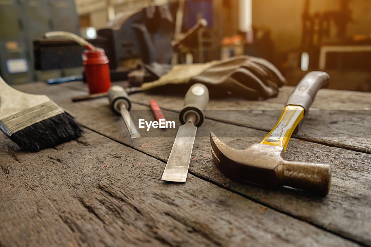 Close-up of carpentry tools on table