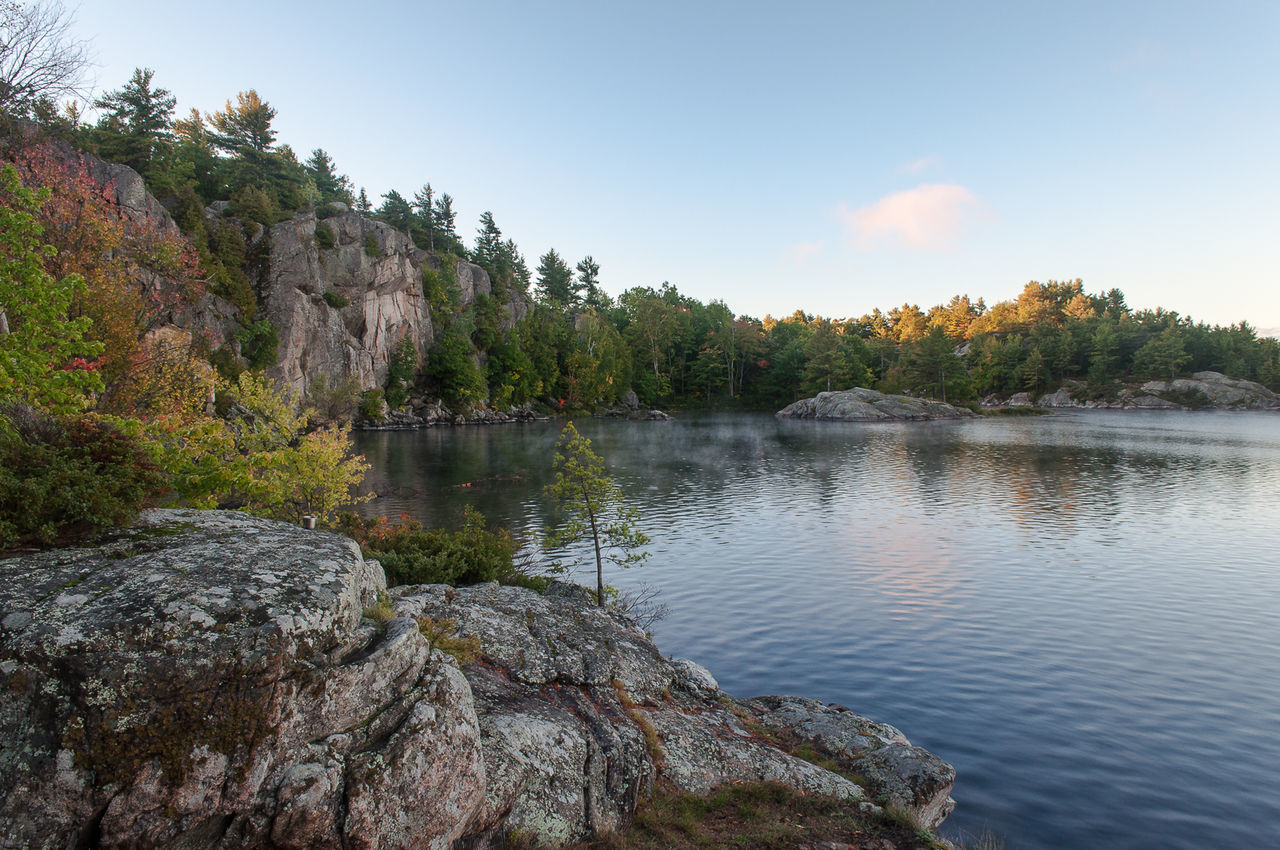 Scenic view of lake surrounded by trees against sky