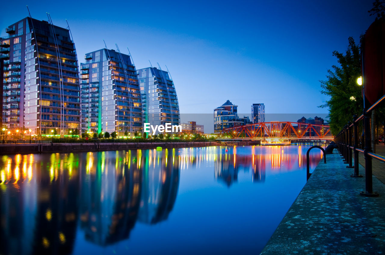 Reflection of illuminated buildings in water at night