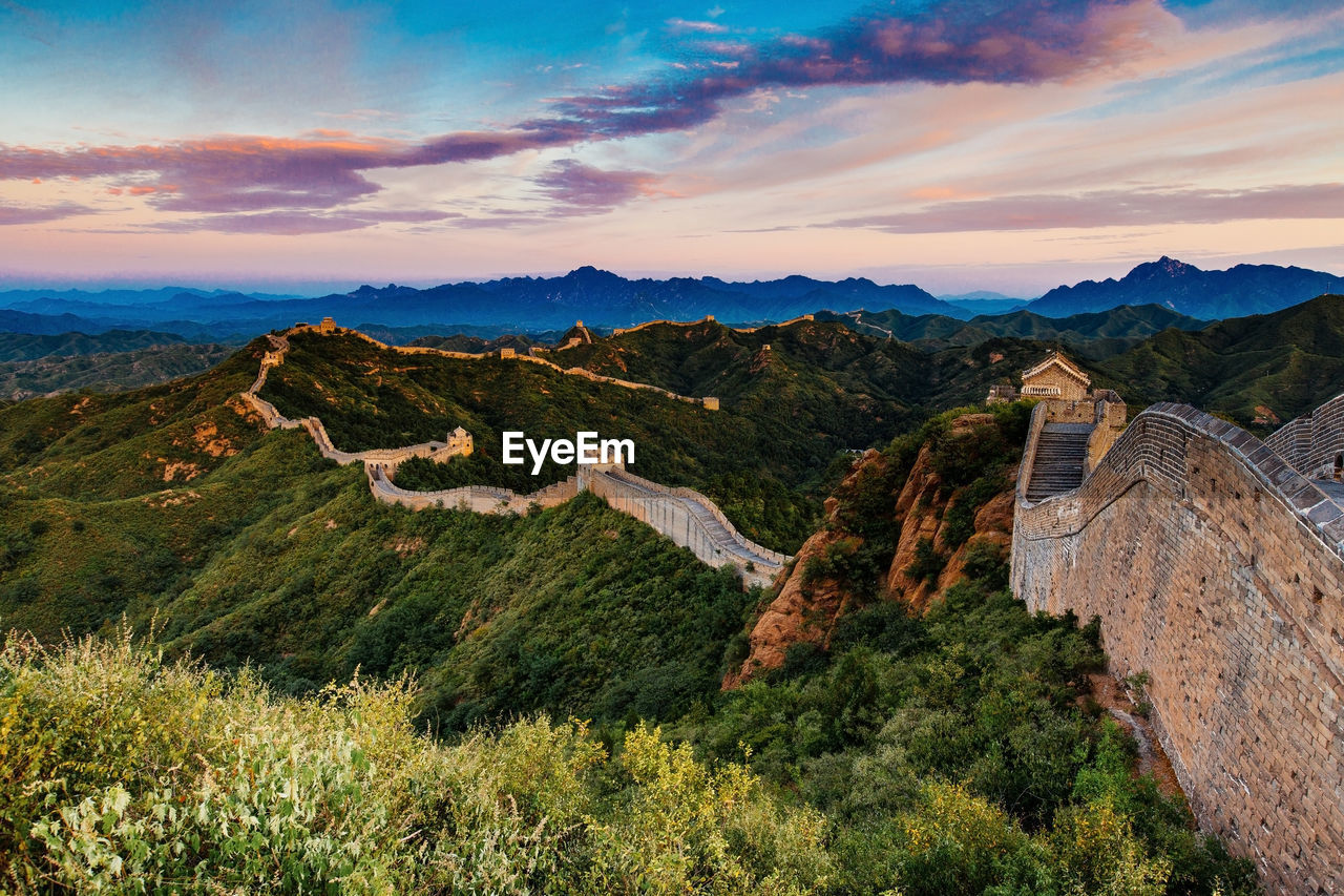 Great wall of china against clear sky during sunset