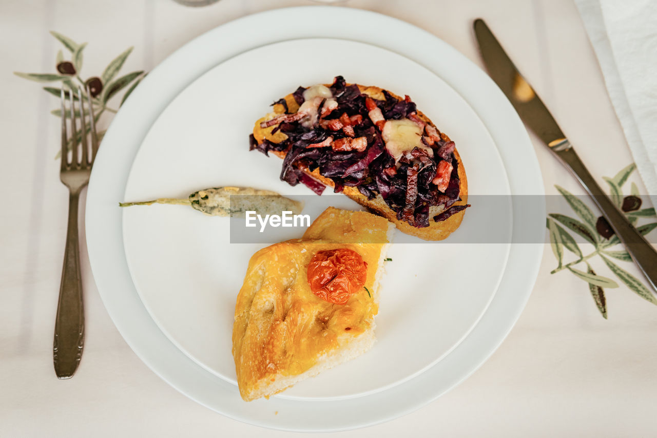 high angle view of food in plate on table