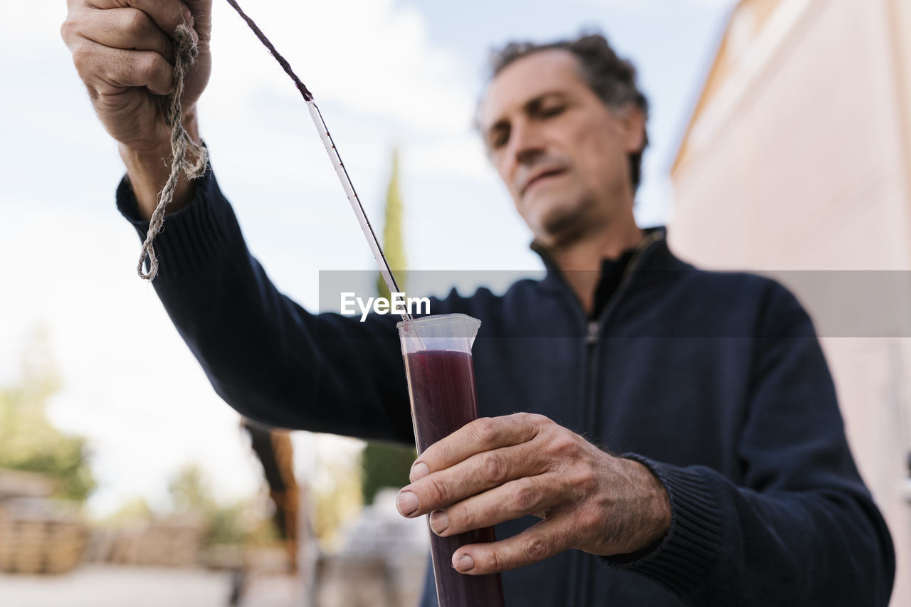 Male winemaker measuring temperature of wine through thermometer at winery