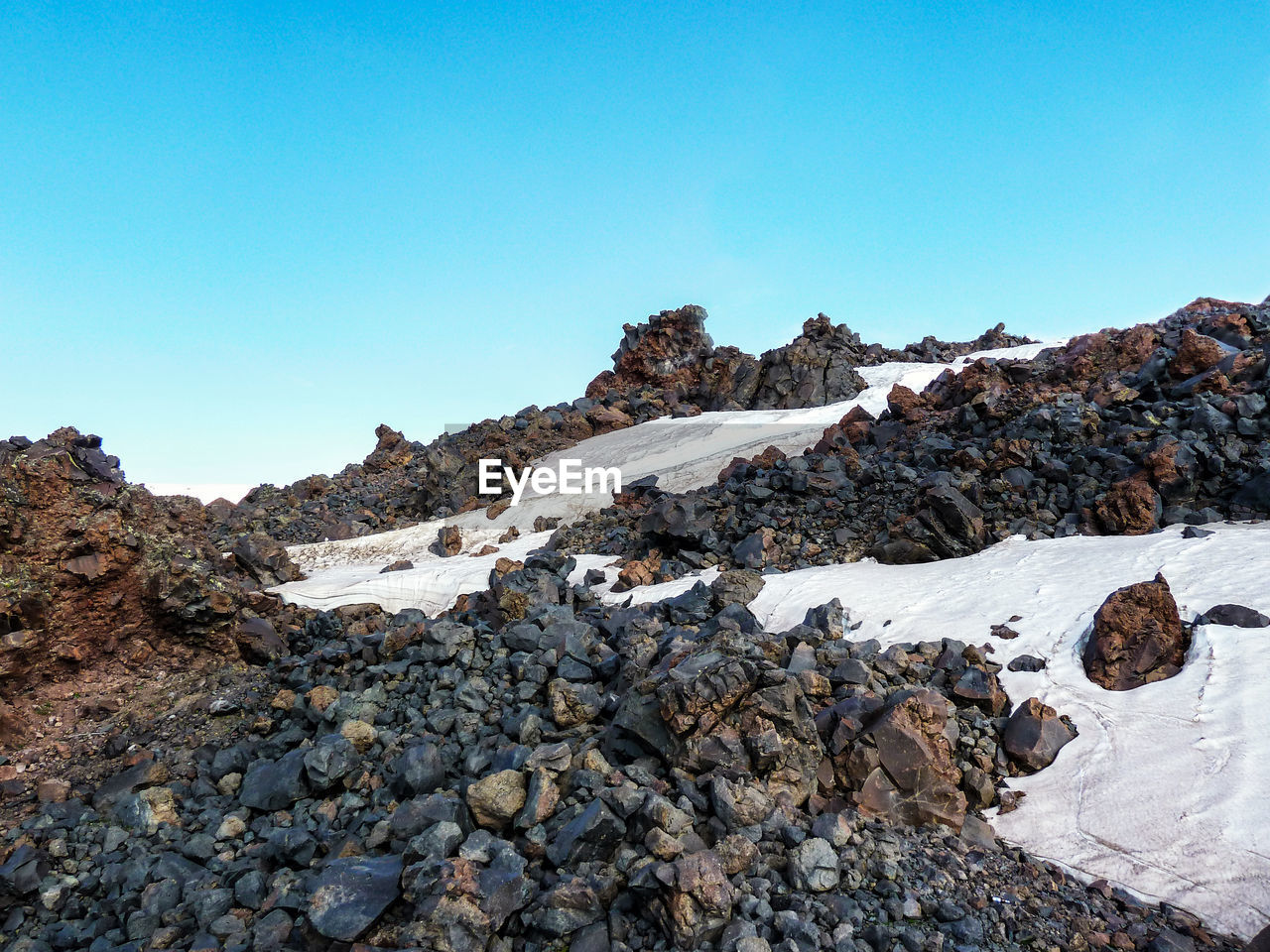 Scenic view of snowcapped mountains against clear blue sky