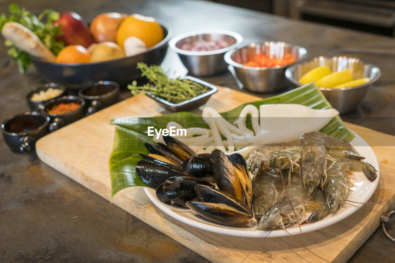 High angle view of food on table in kitchen