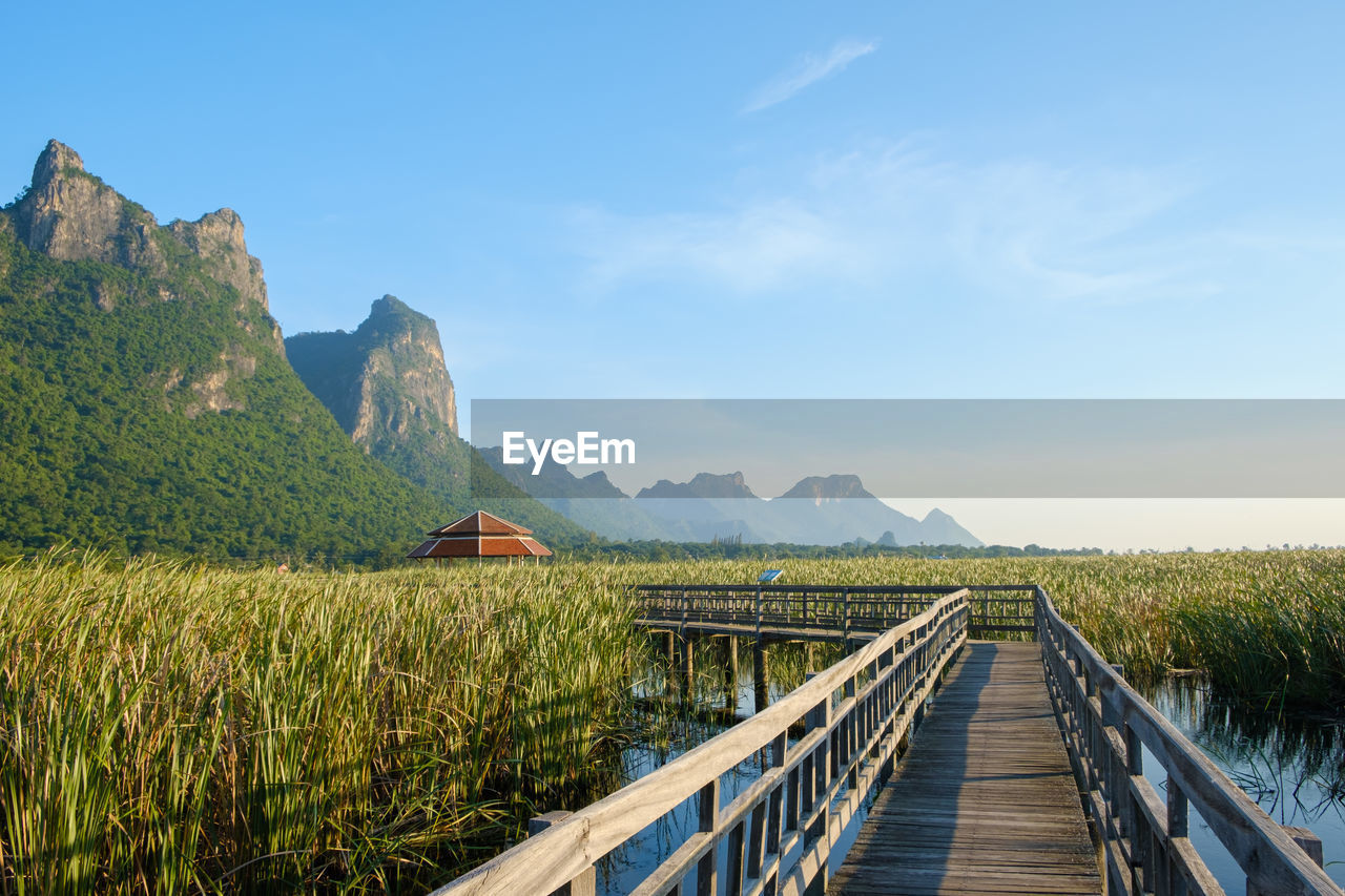 Scenic view of land and mountains against sky