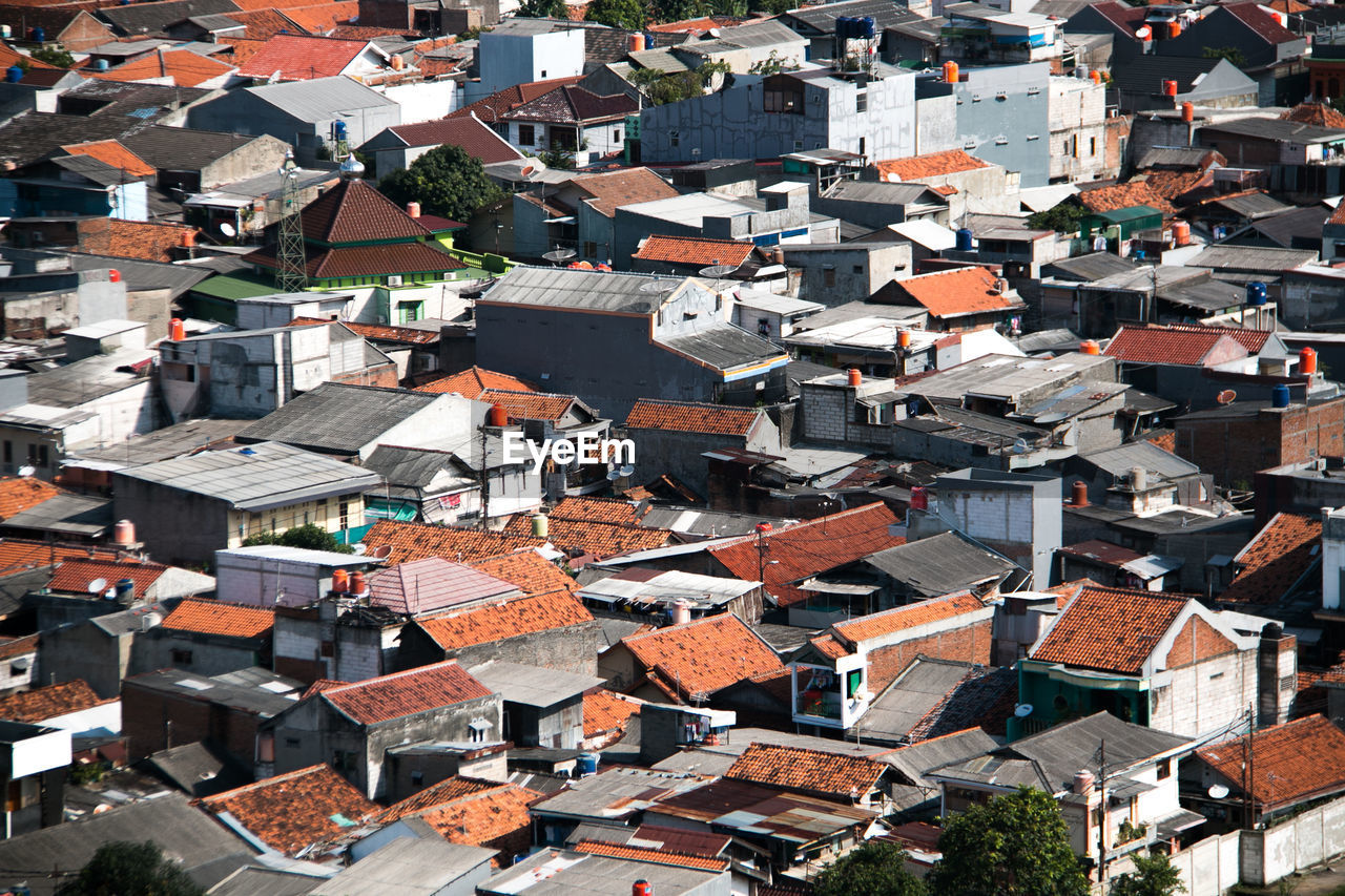 High angle view of houses in town