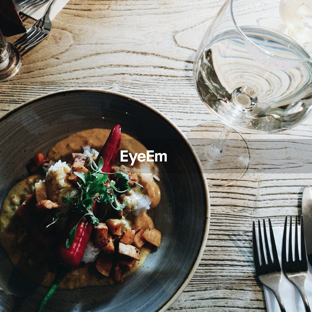 High angle view of food in bowl on table