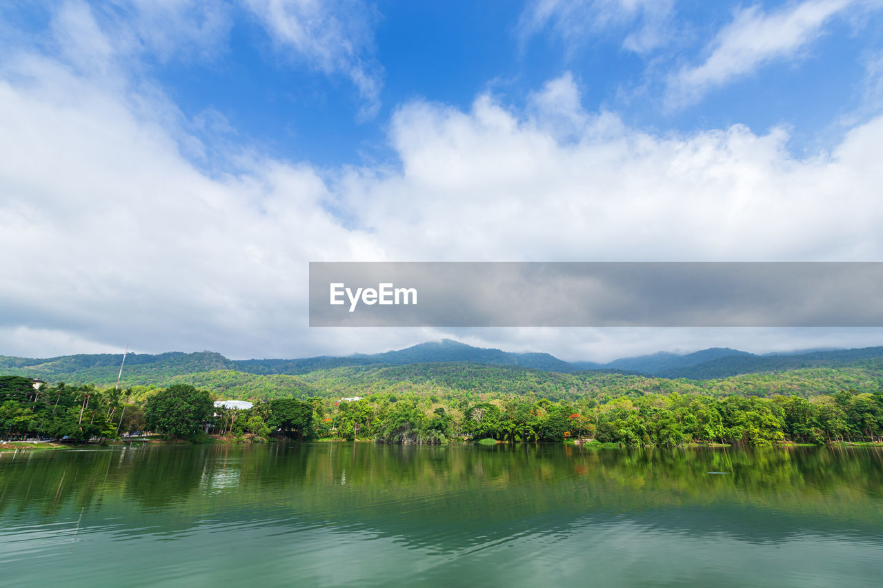 SCENIC VIEW OF LAKE BY TREES ON LANDSCAPE AGAINST SKY