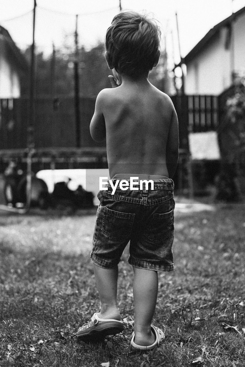 Rear view of shirtless boy walking on grass