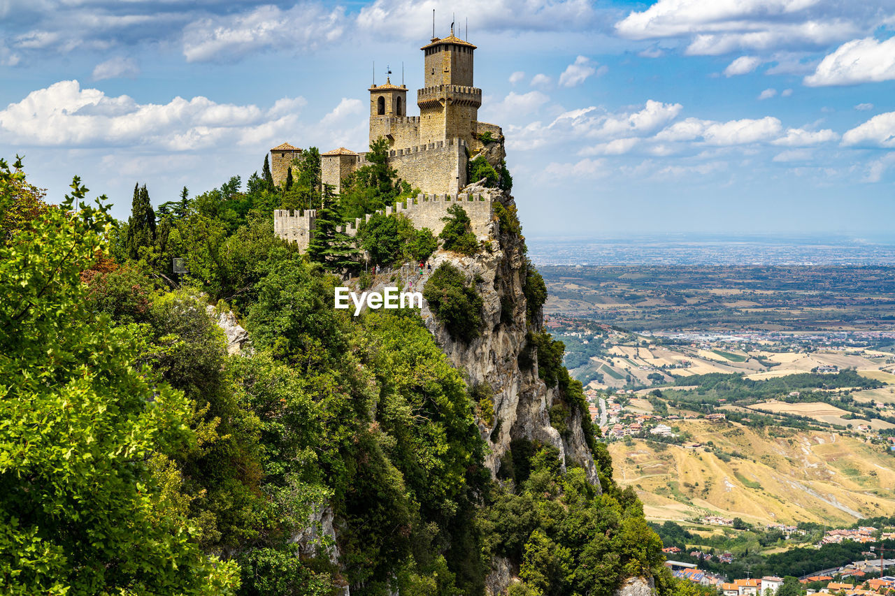 Scenic panoramic view at republic of san marino with the most iconic landmark, the guaita tower