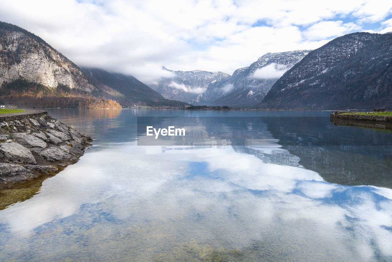 Scenic view of lake and mountains against sky