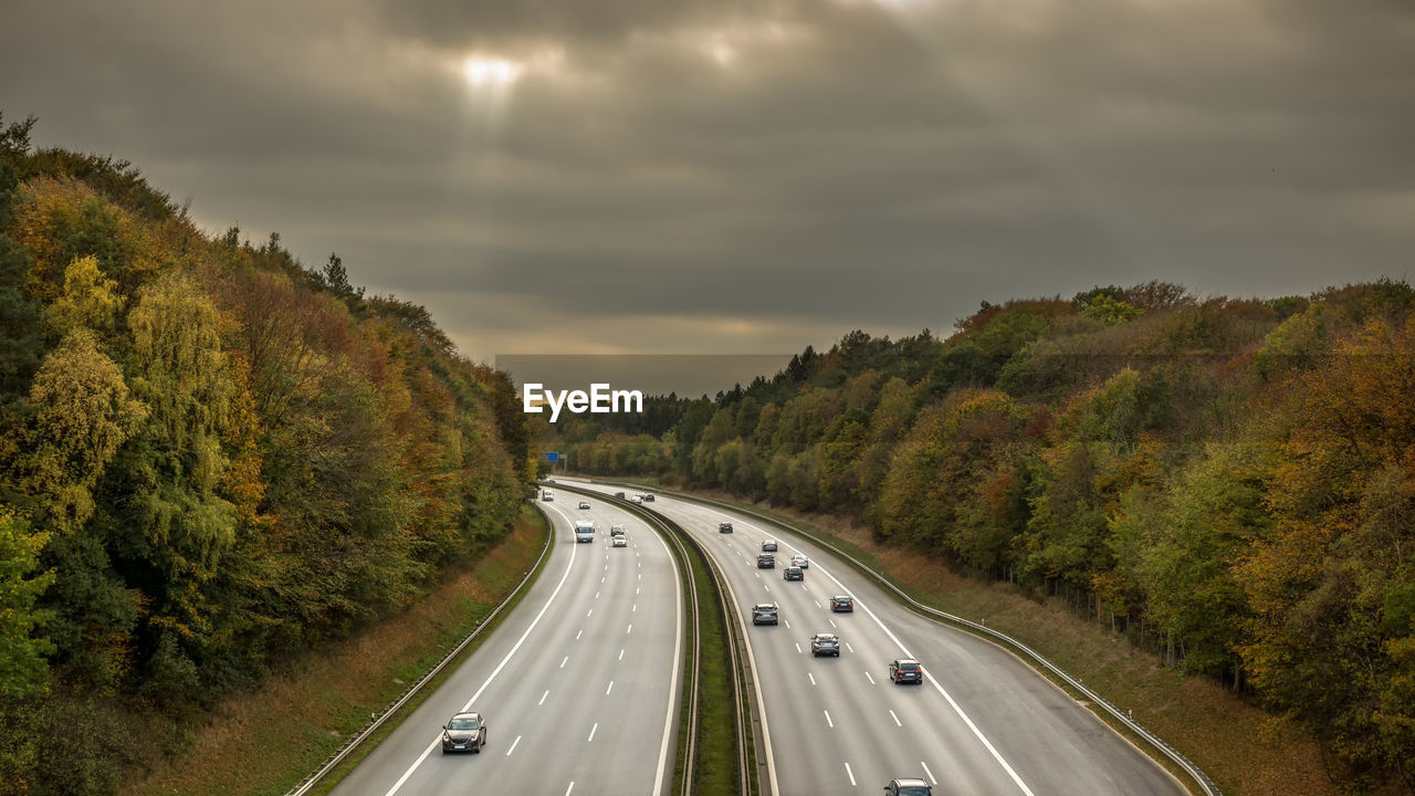 Highway amidst trees against sky